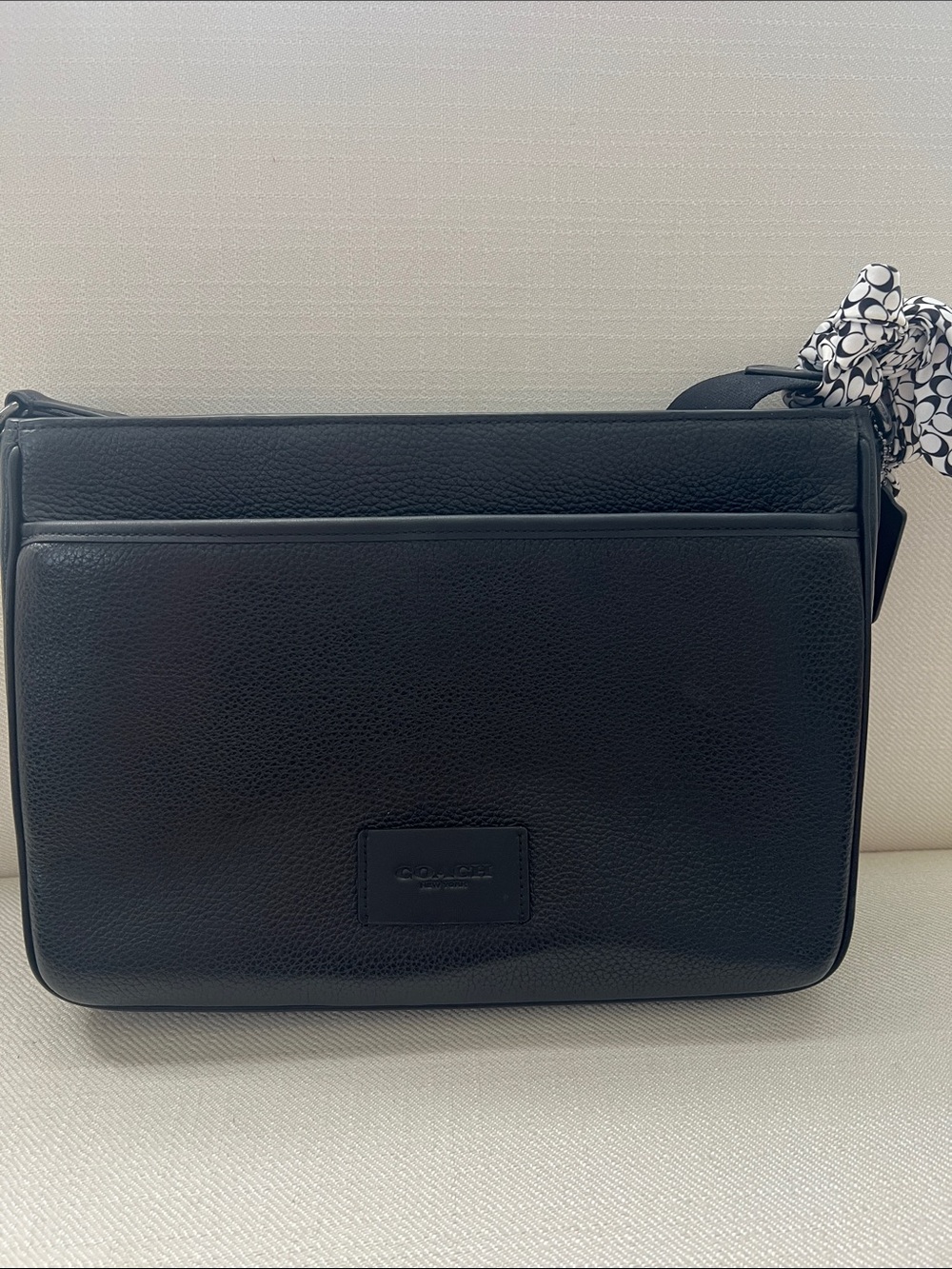 Coach Black Pebbled Leather Messenger Bag with Scarf Tie